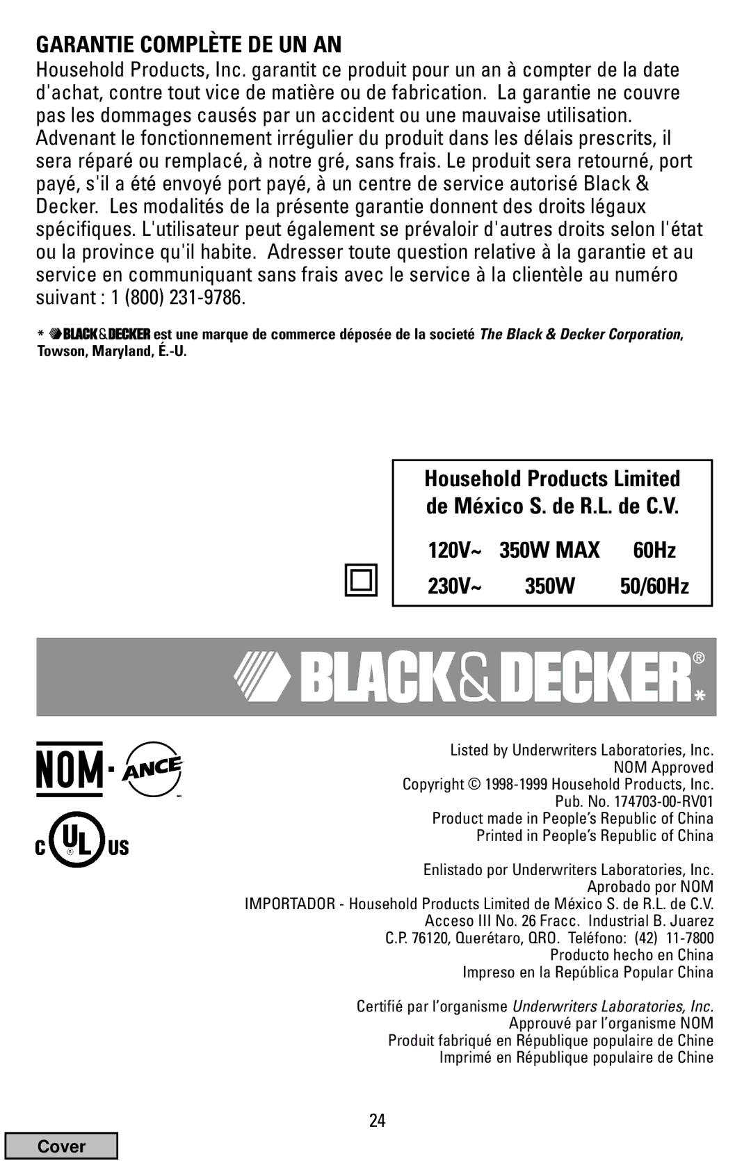 Black & Decker FP1200 manual Garantie Complète DE UN AN, 120V~ 350W MAX 60Hz 230V~ 350W 50/60Hz 