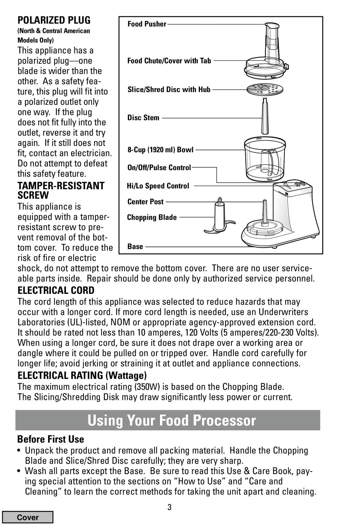 Black & Decker FP1200 manual Using Your Food Processor, Polarized Plug, TAMPER-RESISTANT Screw, Electrical Cord 