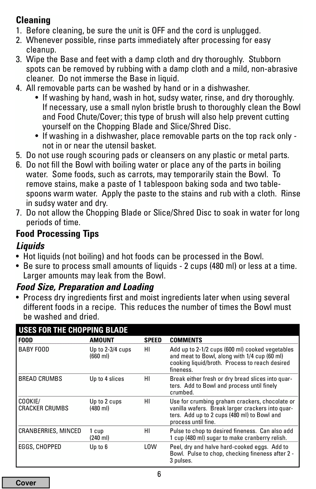 Black & Decker FP1200 manual Cleaning, Food Processing Tips, Uses for the Chopping Blade, Food Amount Speed Comments 