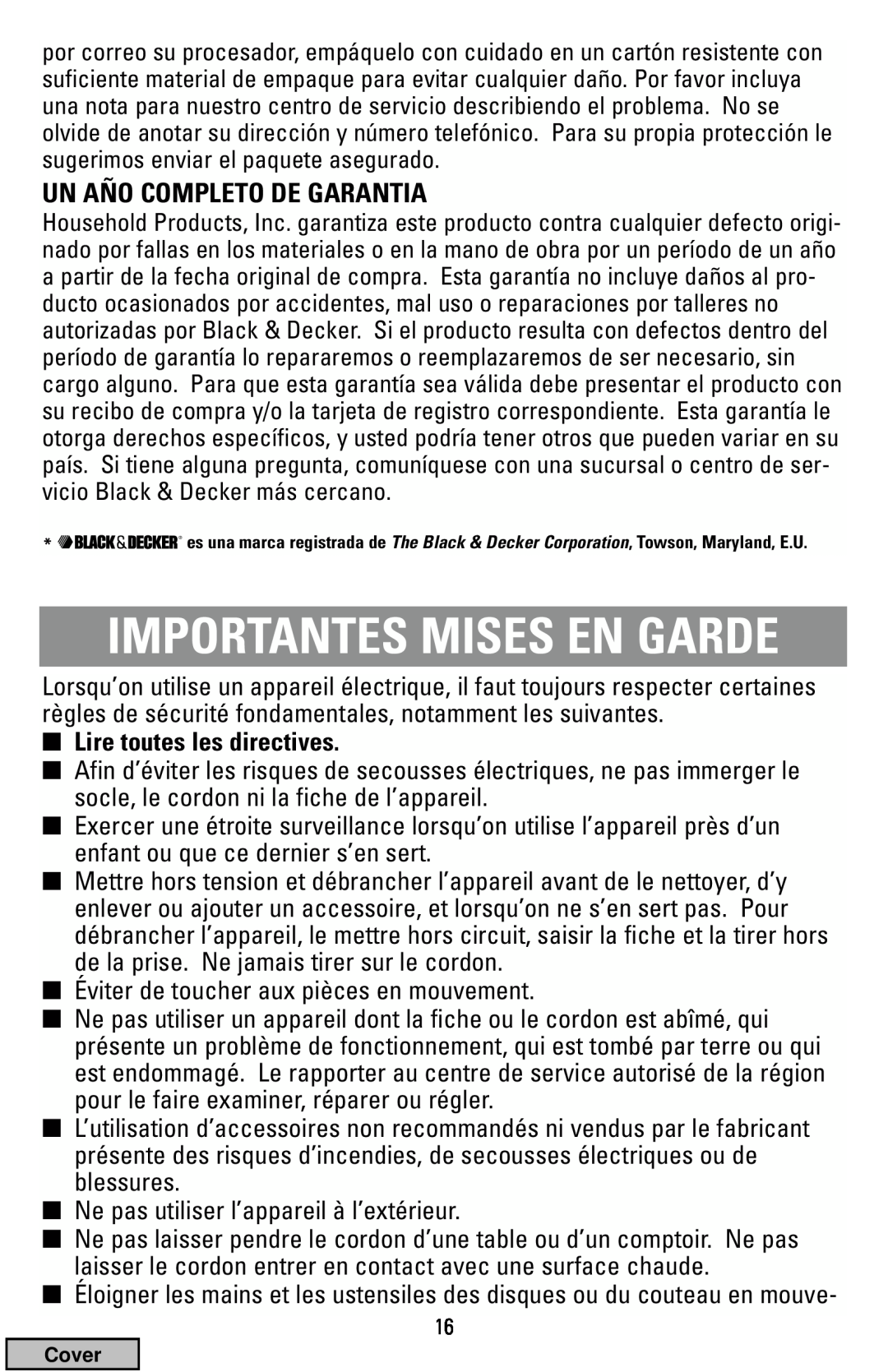 Black & Decker FP1200 manual Importantes Mises En Garde, Un Año Completo De Garantia, Lire toutes les directives 