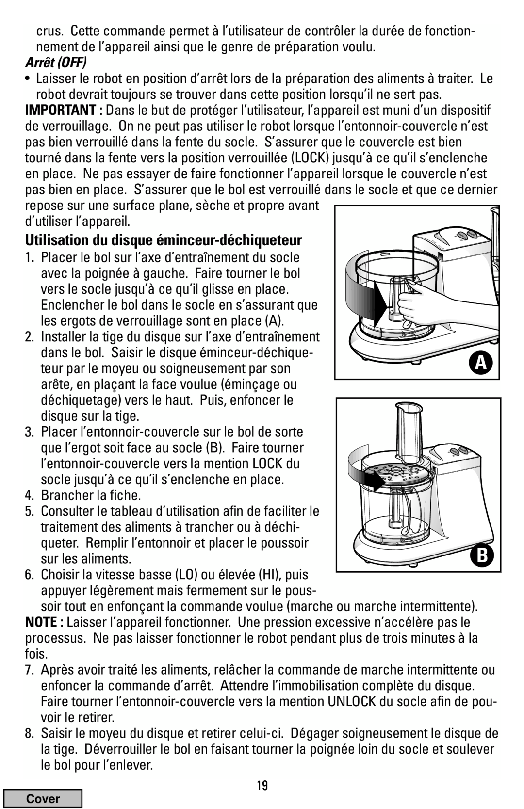 Black & Decker FP1200 manual Utilisation du disque éminceur-déchiqueteur, Arrêt OFF 