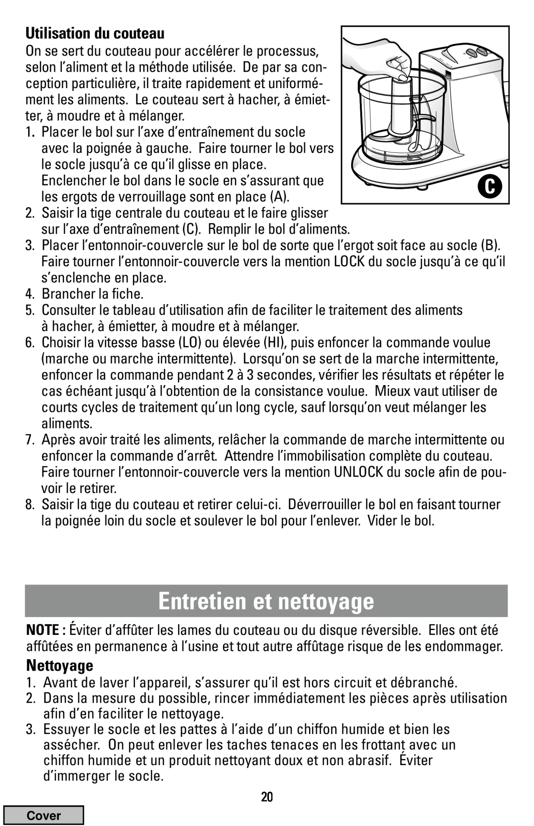 Black & Decker FP1200 manual Entretien et nettoyage, Utilisation du couteau, Nettoyage 