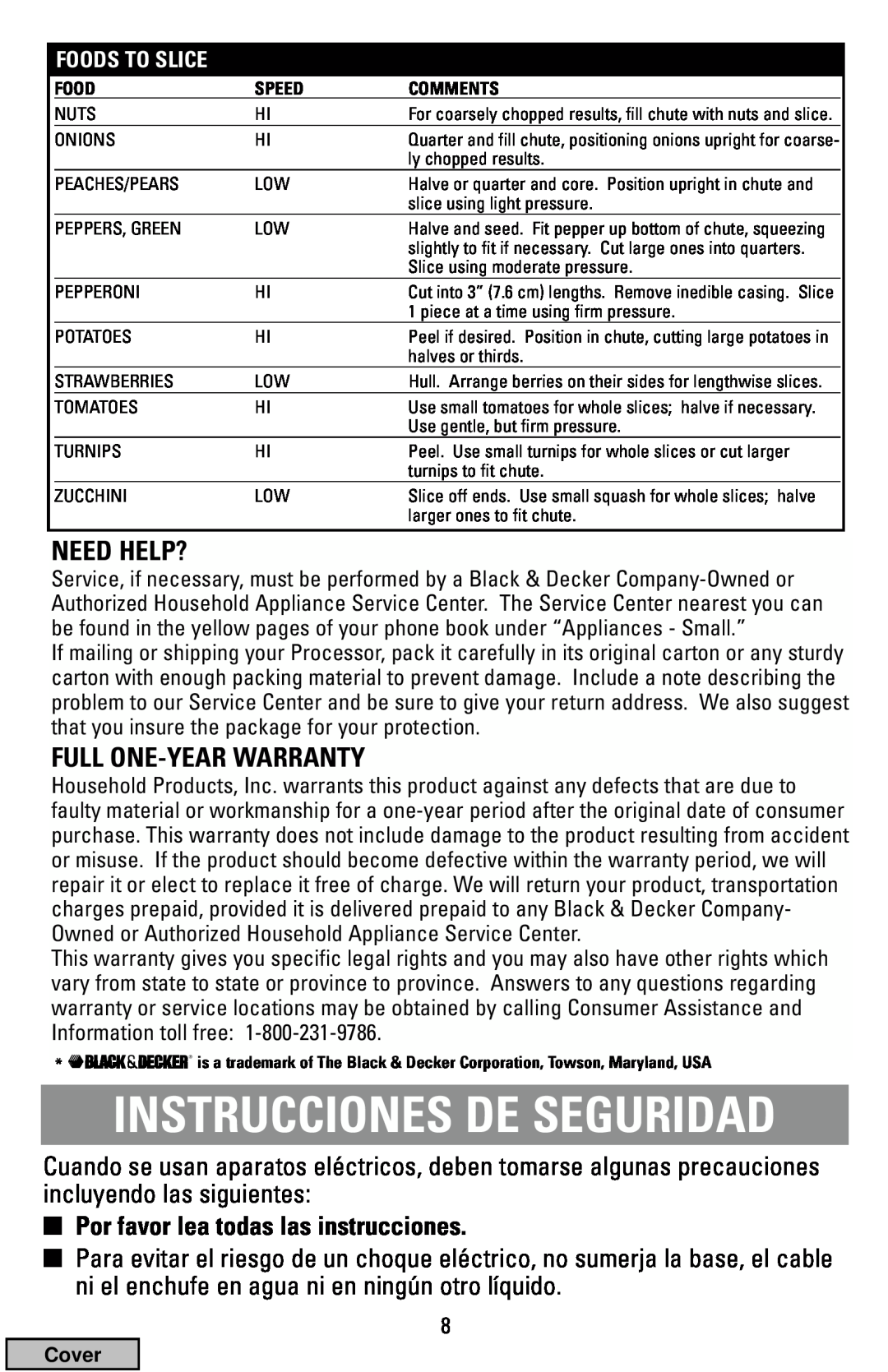 Black & Decker FP1200 manual Instrucciones De Seguridad, Need Help?, Full One-Year Warranty 