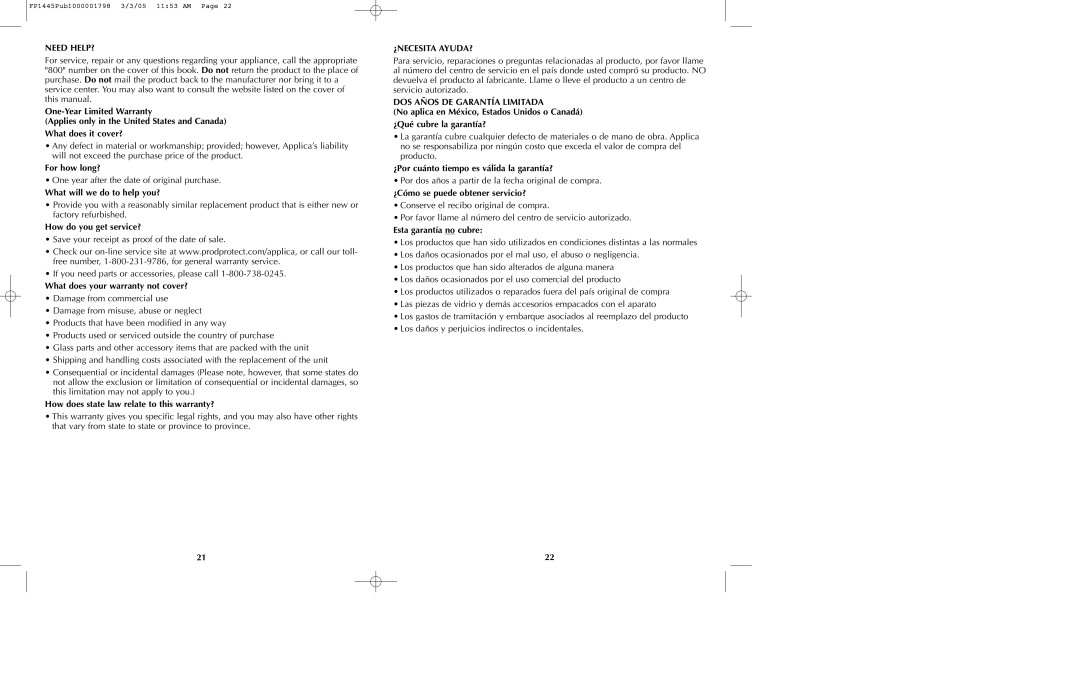 Black & Decker FP1335, FP1445C manual Need HELP?, ¿Necesita Ayuda?, DOS Años DE Garantía Limitada 