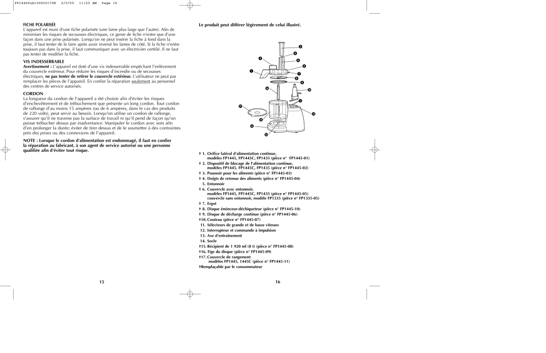 Black & Decker FP1335, FP1445C manual VIS Indesserrable, Cordon, Le produit peut différer légèrement de celui illustré 
