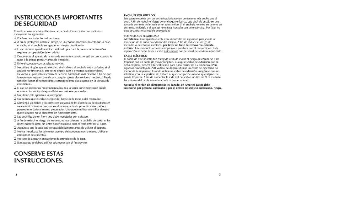 Black & Decker FP1336 manual Conserve Estas Instrucciones, Instrucciones Importantes De Seguridad, Enchufe Polarizado 