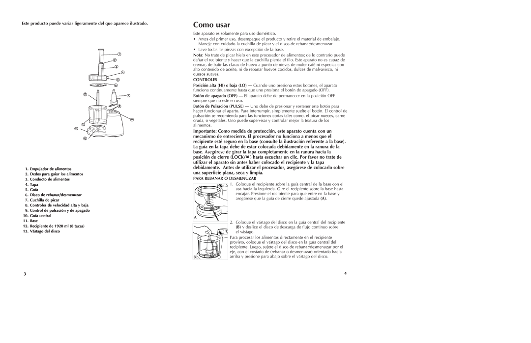 Black & Decker FP1336 manual Como usar, Controles, Para Rebanar O Desmenuzar 