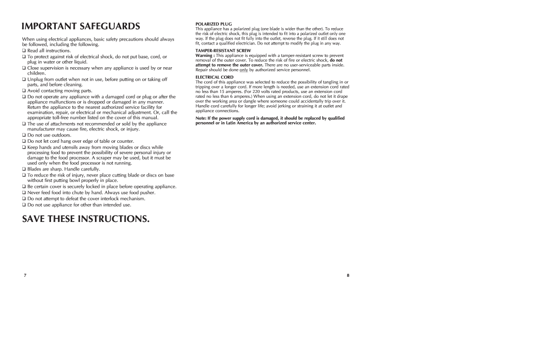 Black & Decker FP1336 manual Important Safeguards, Save These Instructions 