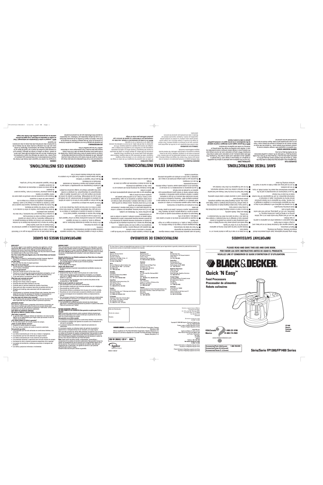 Black & Decker user service Série/Serie FP1300/FP1400 Series, Please Read And Save This Use And Care Book, guide 