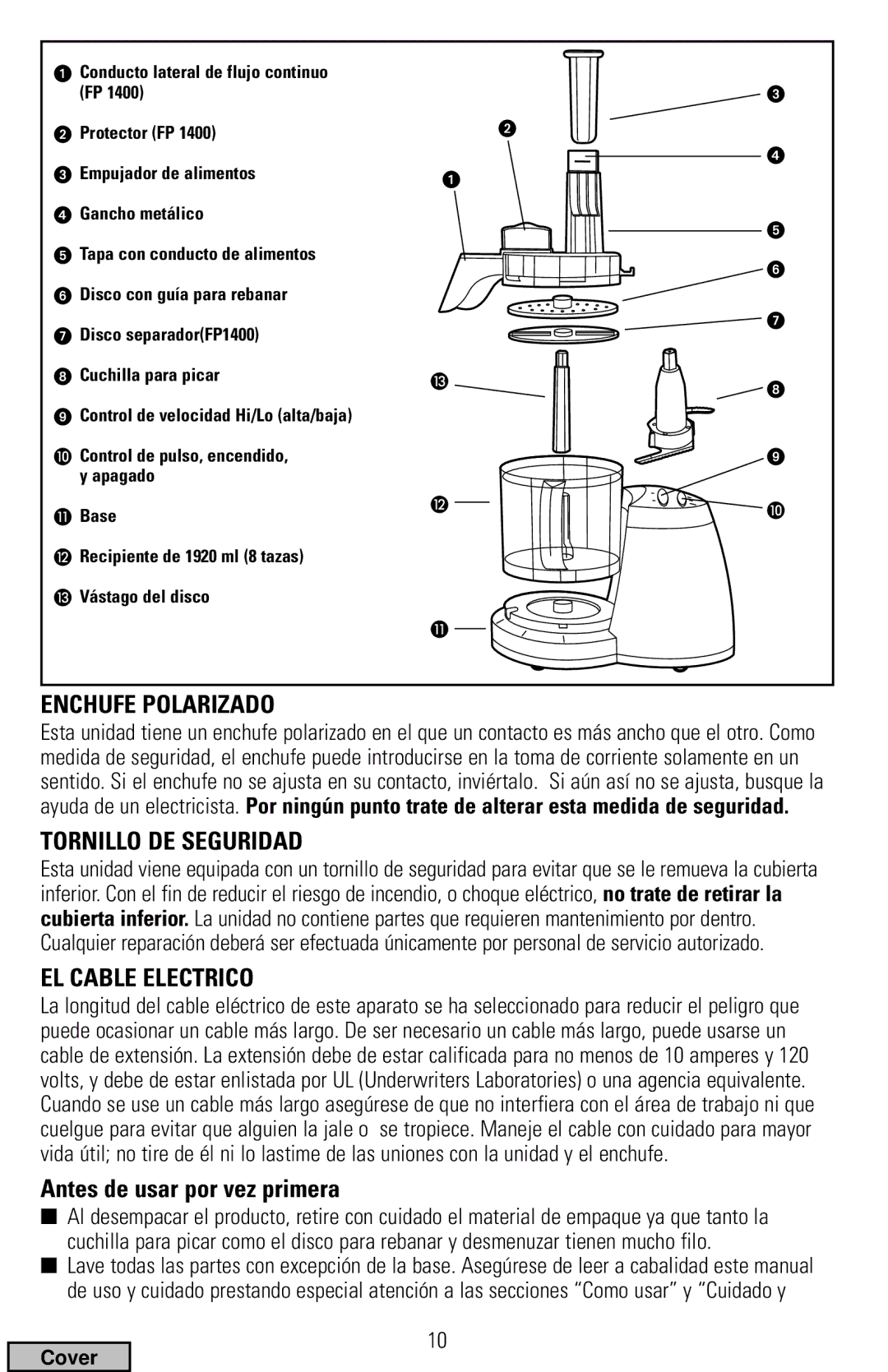 Black & Decker FP1400 Series Enchufe Polarizado, Tornillo DE Seguridad, EL Cable Electrico, Antes de usar por vez primera 