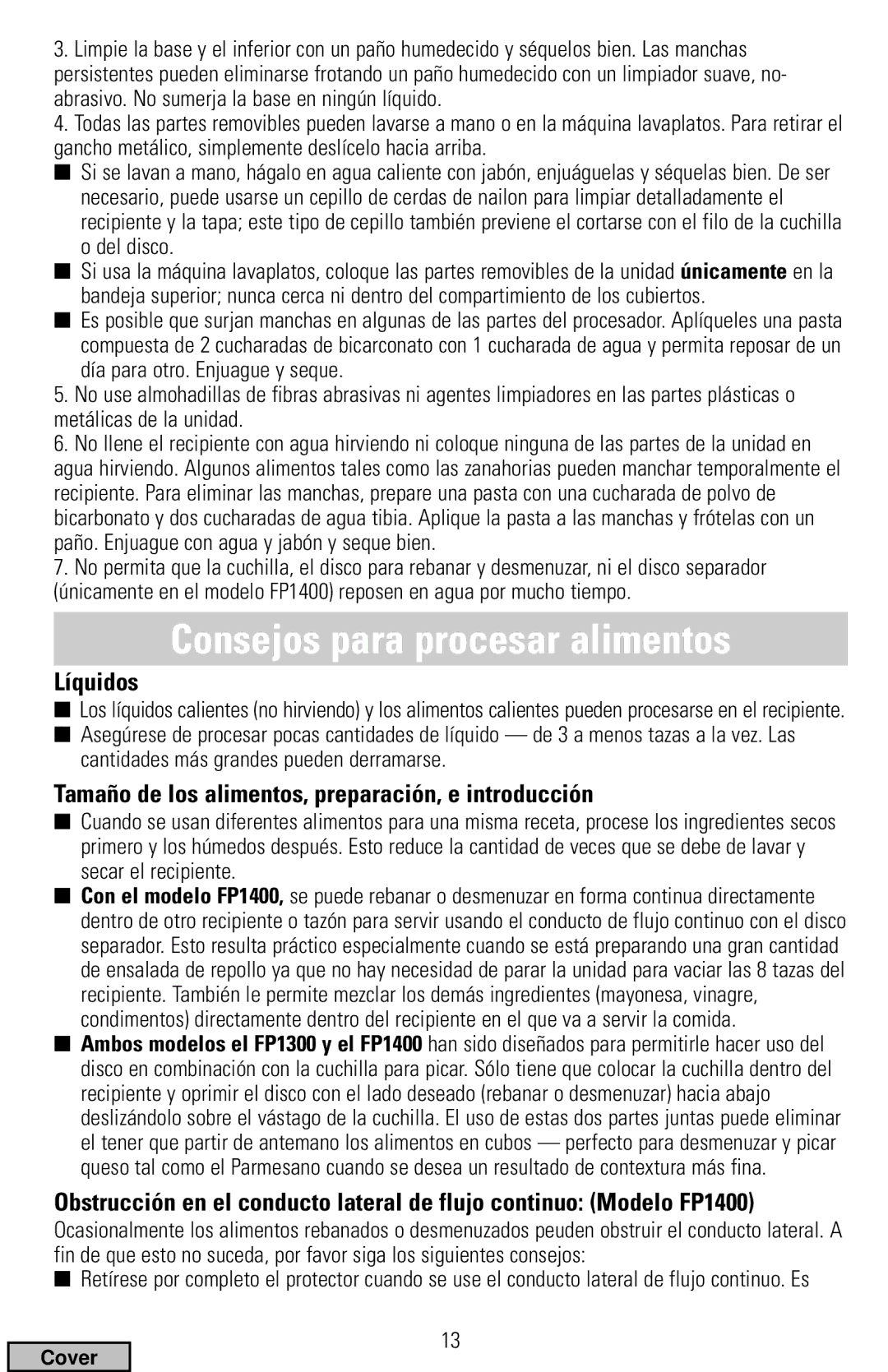 Black & Decker FP1300 Series, FP1400 Series manual Consejos para procesar alimentos, Líquidos 