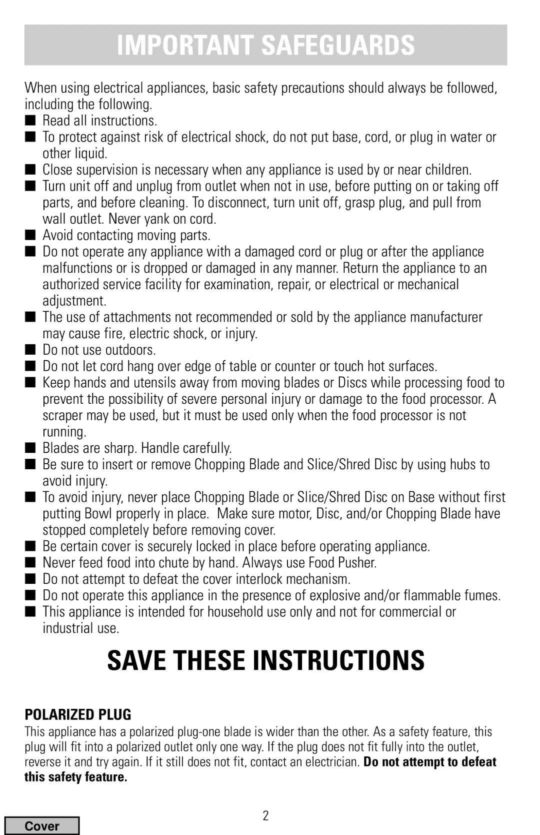 Black & Decker FP1400 Series, FP1300 Series manual Important Safeguards, Polarized Plug 