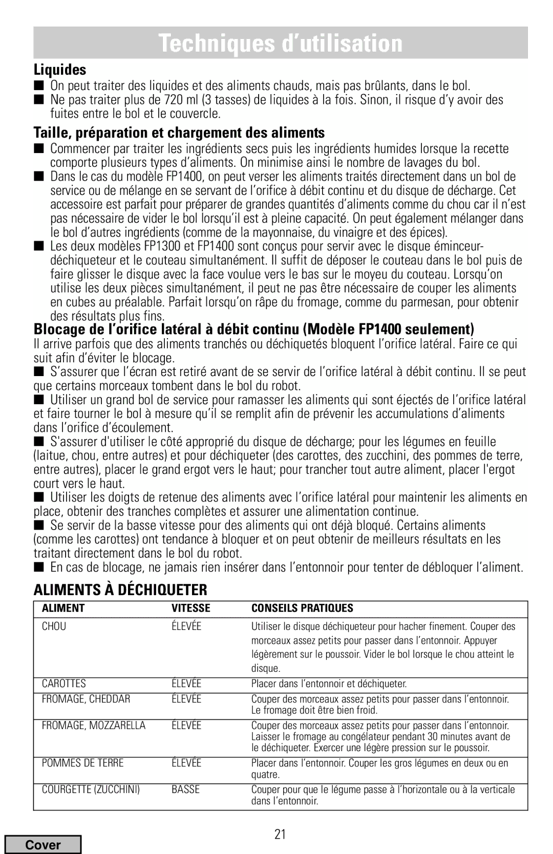 Black & Decker FP1300 Series manual Techniques d’utilisation, Liquides, Taille, préparation et chargement des aliments 