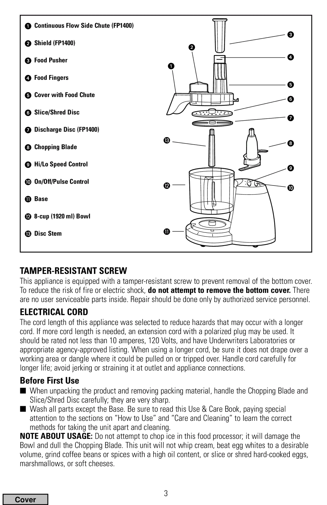 Black & Decker FP1300 Series, FP1400 Series manual TAMPER-RESISTANT Screw, Electrical Cord, Before First Use 