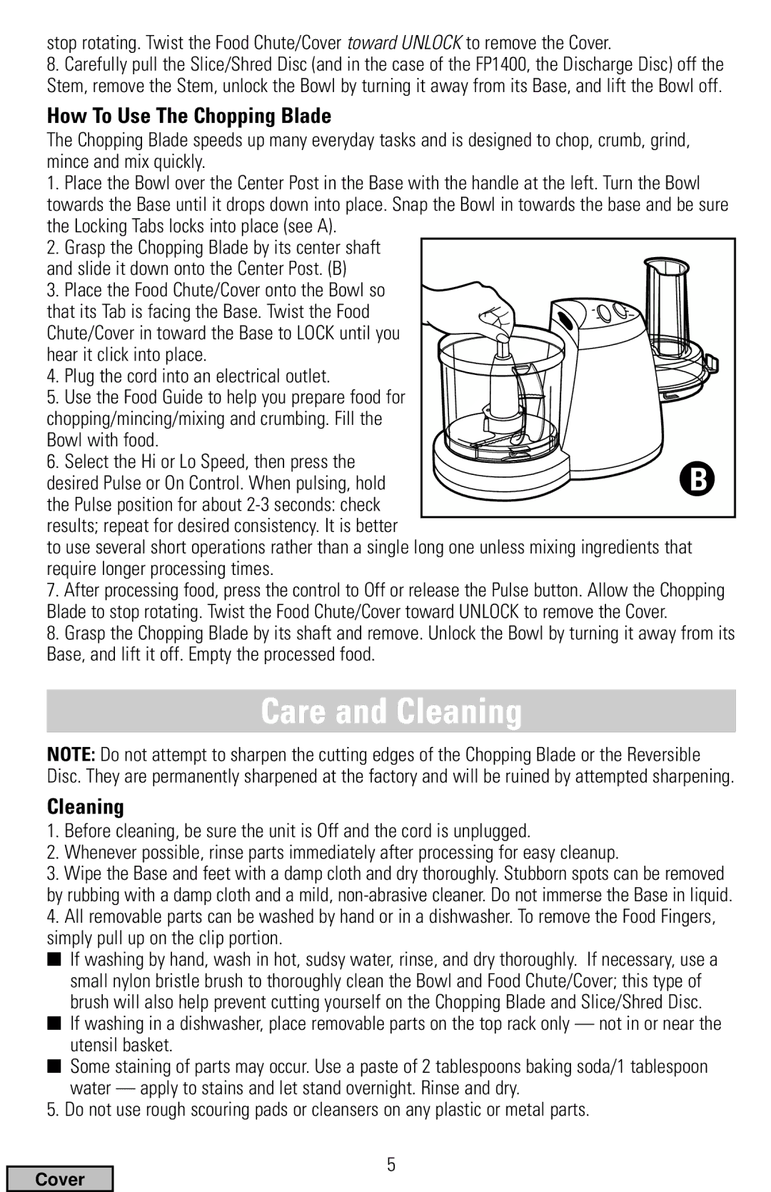 Black & Decker FP1300 Series, FP1400 Series manual Care and Cleaning, How To Use The Chopping Blade 