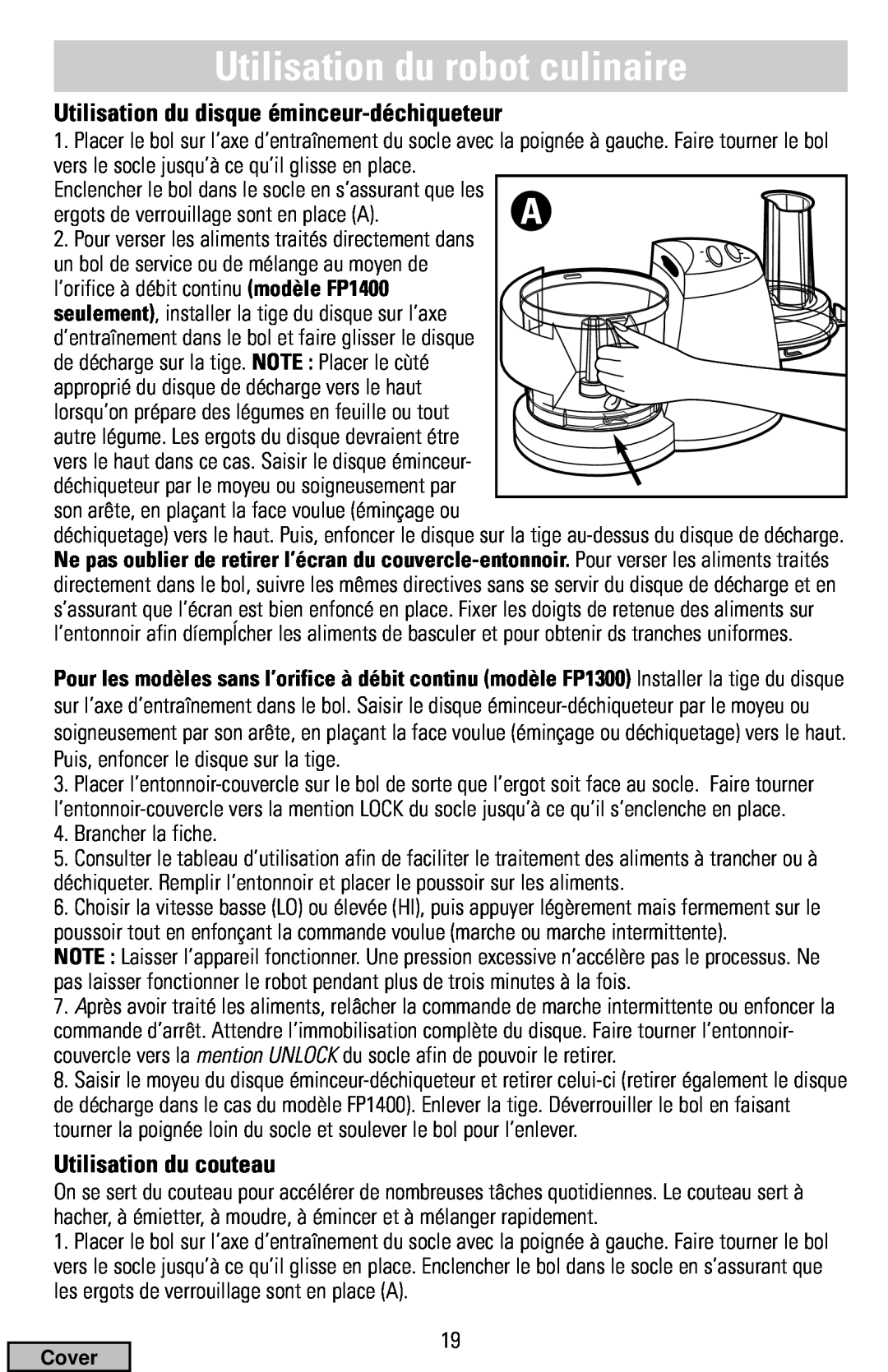 Black & Decker FP1300 Series manual Utilisation du robot culinaire, Utilisation du disque éminceur-déchiqueteur, Cover 