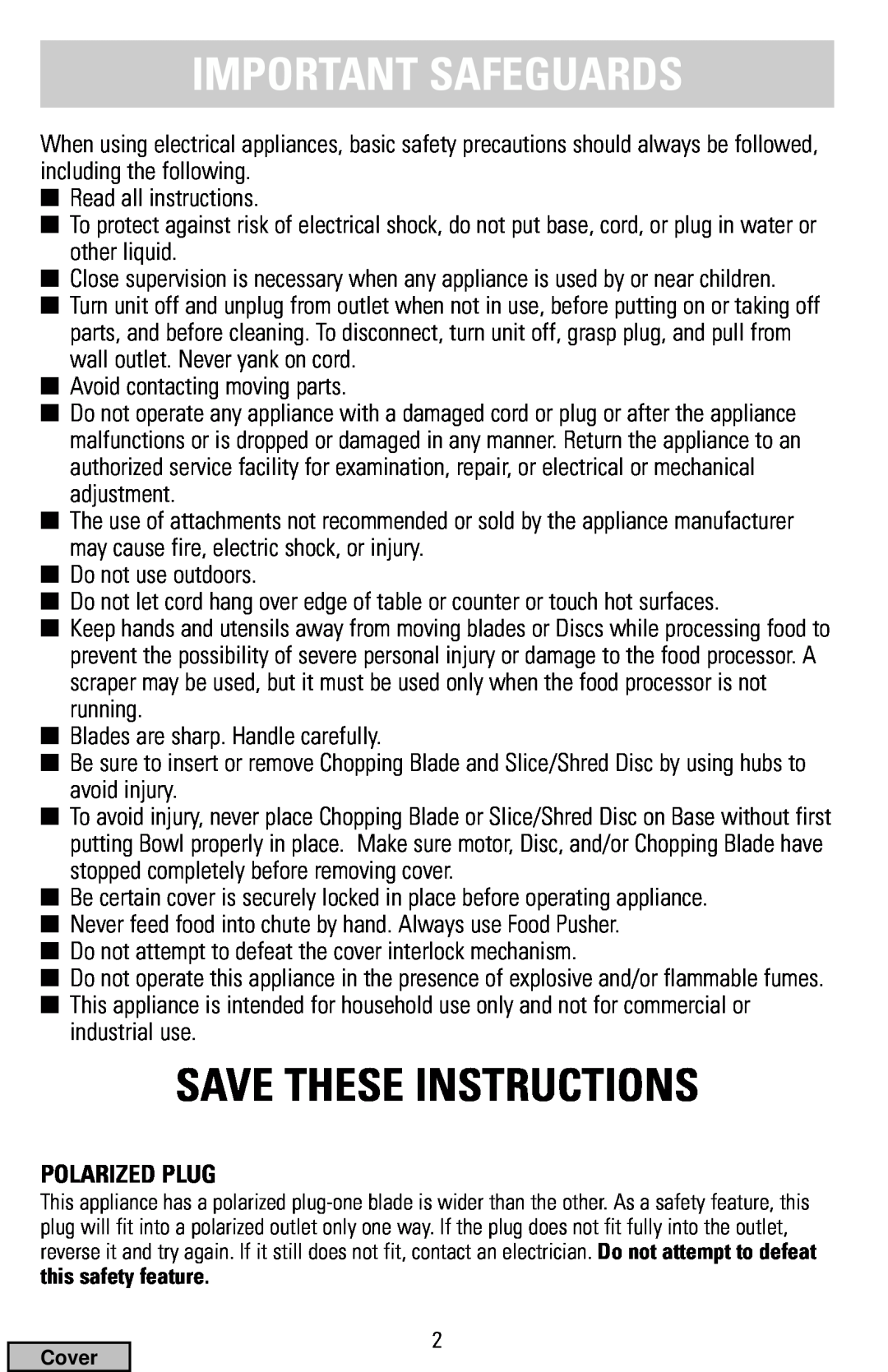Black & Decker FP1400 Series, FP1300 Series manual Important Safeguards, Save These Instructions, Polarized Plug 