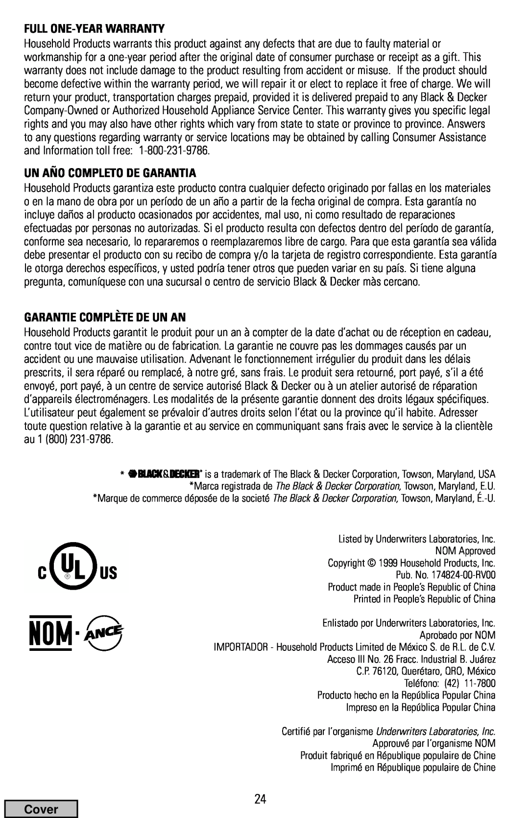 Black & Decker FP1400 Series manual Full One-Year Warranty, Un Año Completo De Garantia, Garantie Complète De Un An, Cover 