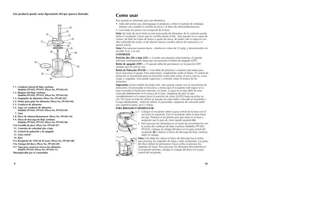 Black & Decker FP1435 manual Como usar, Controles, Para Rebanar O Desmenuzar 