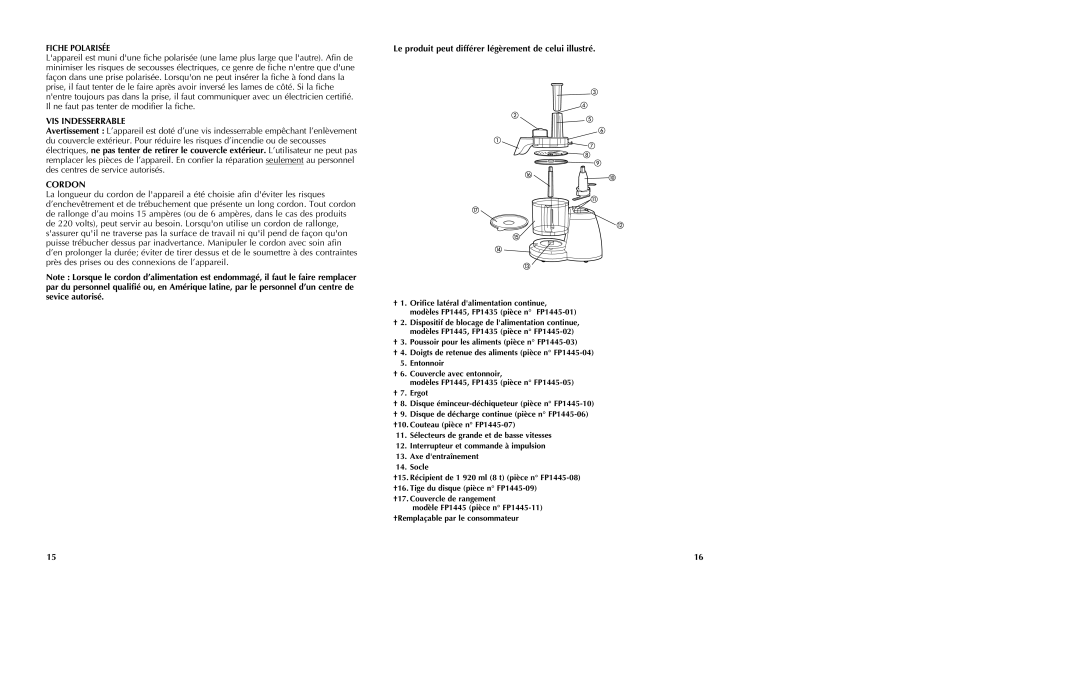 Black & Decker FP1435 manual VIS Indesserrable, Cordon, Le produit peut différer légèrement de celui illustré 