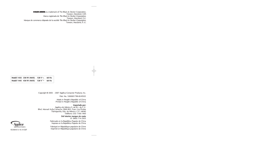 Black & Decker FP1435 manual Copyright 2005 - 2007 Applica Consumer Products, Inc 