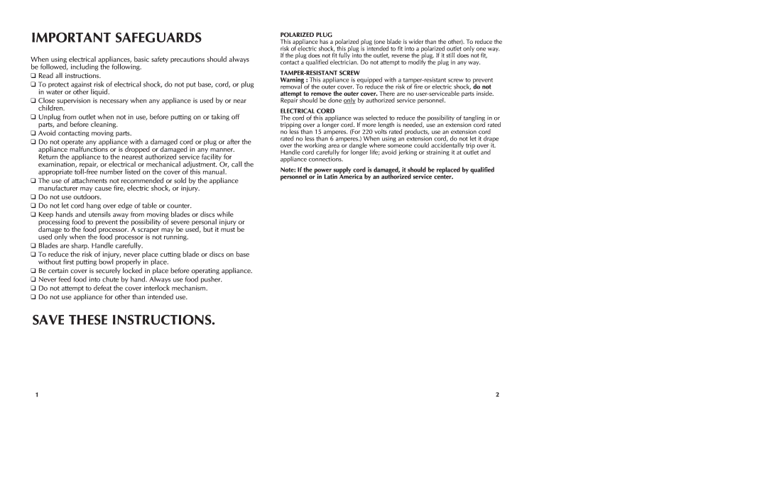 Black & Decker FP1435 manual Important Safeguards, Save These Instructions 