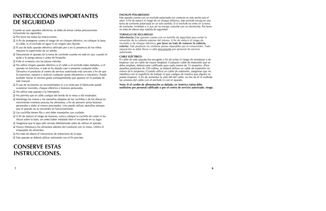 Black & Decker FP1435 manual Conserve Estas Instrucciones, Instrucciones Importantes De Seguridad, Enchufe Polarizado 