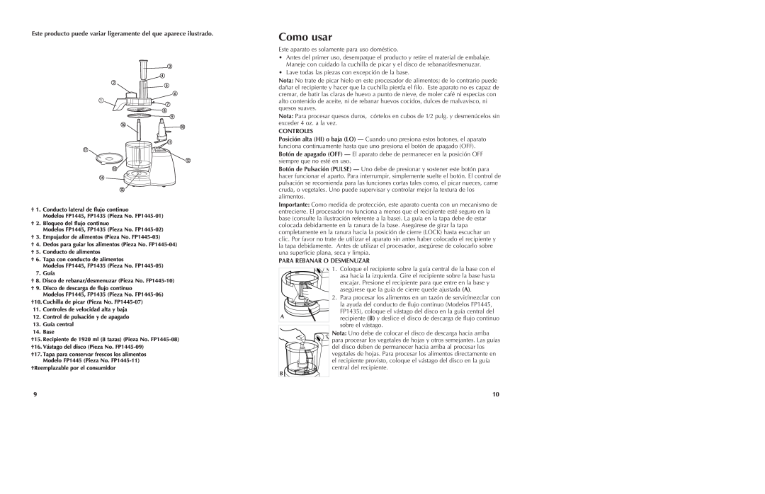 Black & Decker FP1435 manual Como usar, Este producto puede variar ligeramente del que aparece ilustrado, Controles 