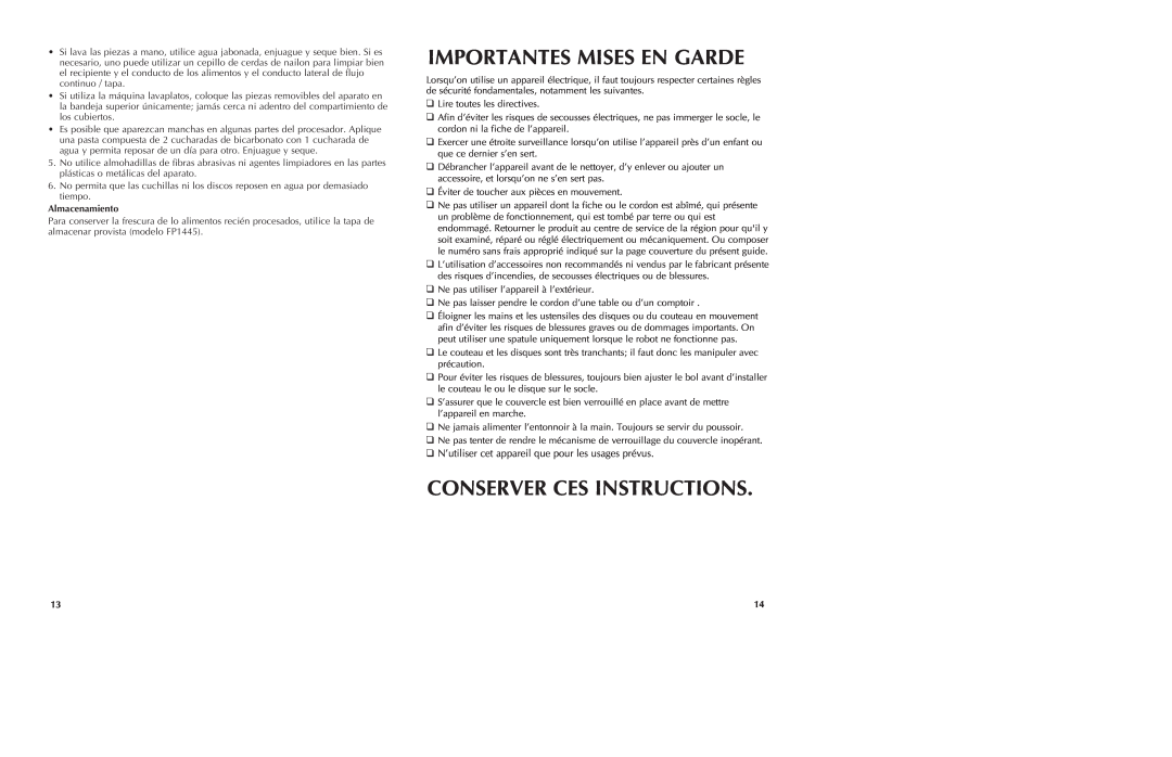 Black & Decker FP1435 manual Importantes Mises En Garde, Conserver Ces Instructions, Almacenamiento 