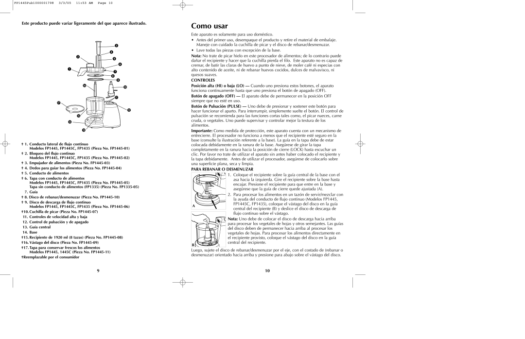 Black & Decker FP1445 manual Como usar, Controles, Para Rebanar O Desmenuzar 