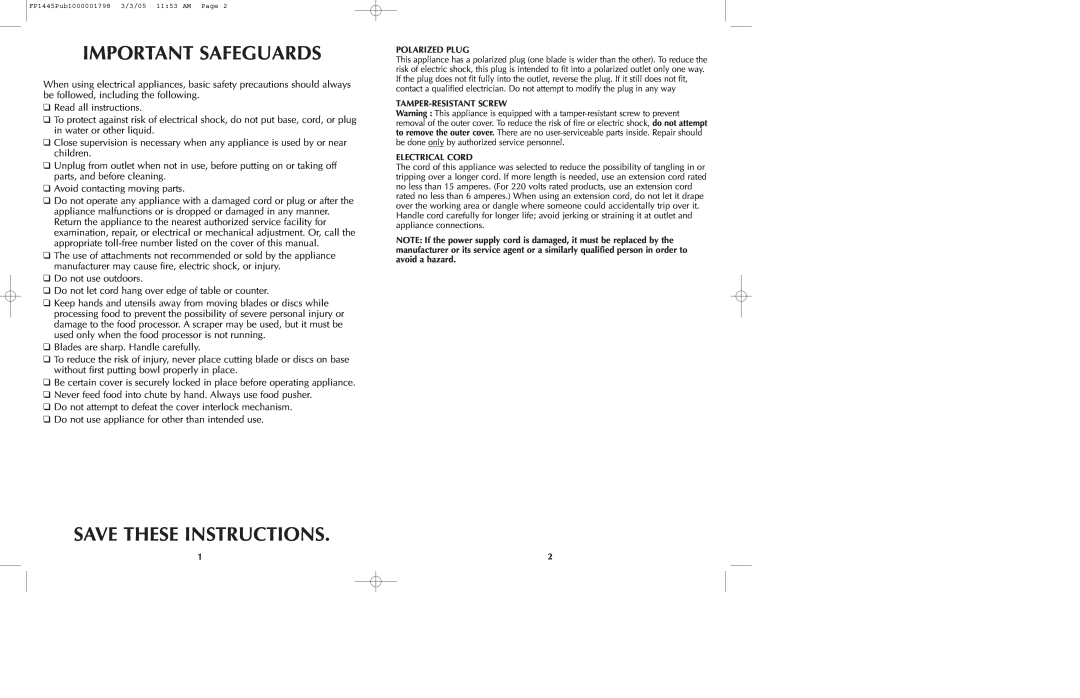Black & Decker FP1445 manual Important Safeguards, Save These Instructions 