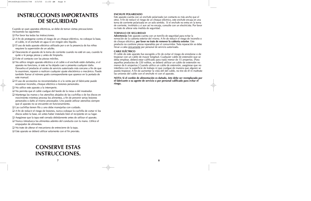 Black & Decker FP1445 manual Instrucciones Importantes De Seguridad, Conserve Estas Instrucciones, Enchufe Polarizado 