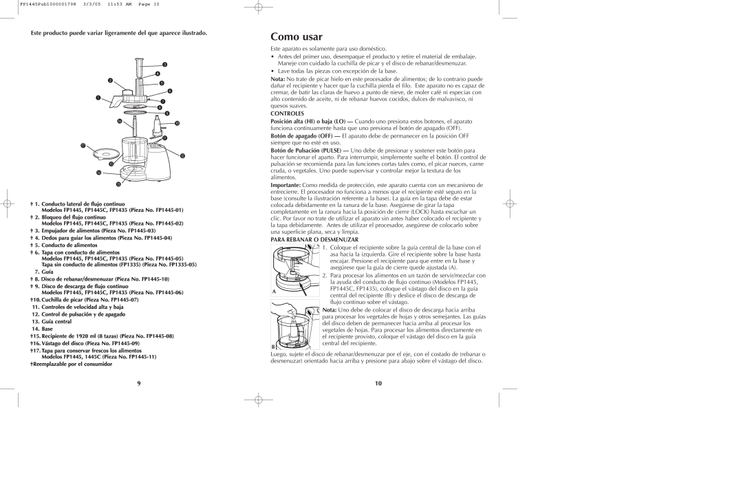 Black & Decker FP1445 manual Como usar, Controles, Para Rebanar O Desmenuzar 