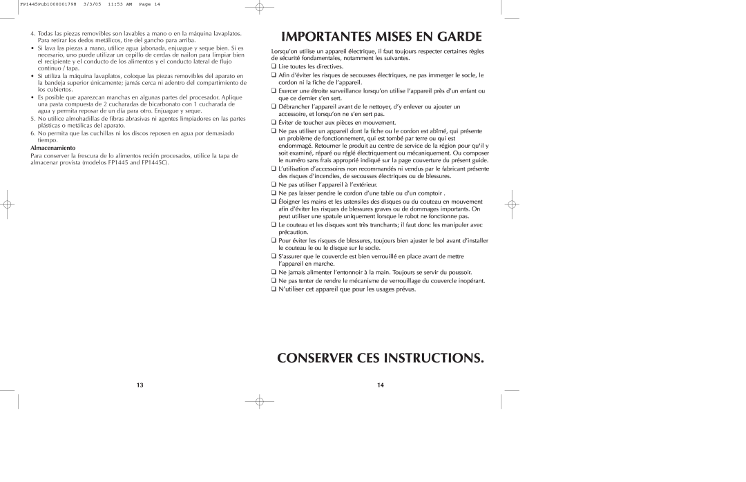 Black & Decker FP1445 manual Importantes Mises En Garde, Conserver Ces Instructions, Almacenamiento 