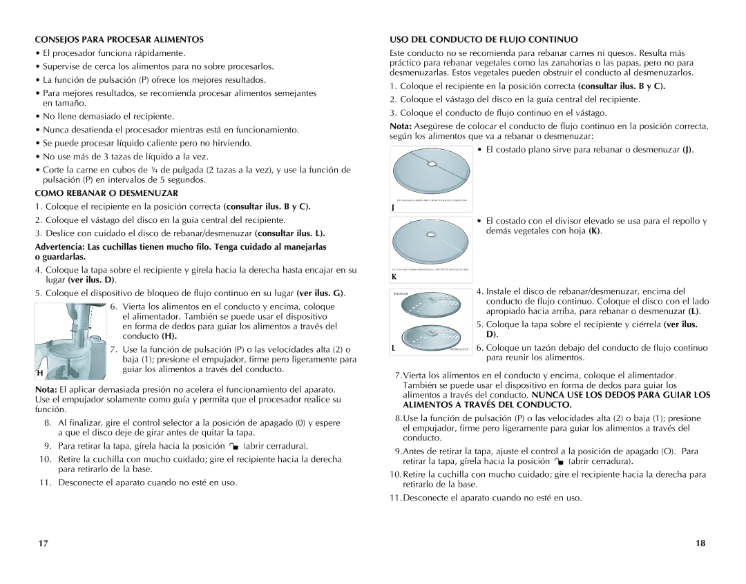 Black & Decker FP1450C Consejos Para Procesar Alimentos, Como Rebanar O Desmenuzar, USO DEL Conducto DE Flujo Continuo 