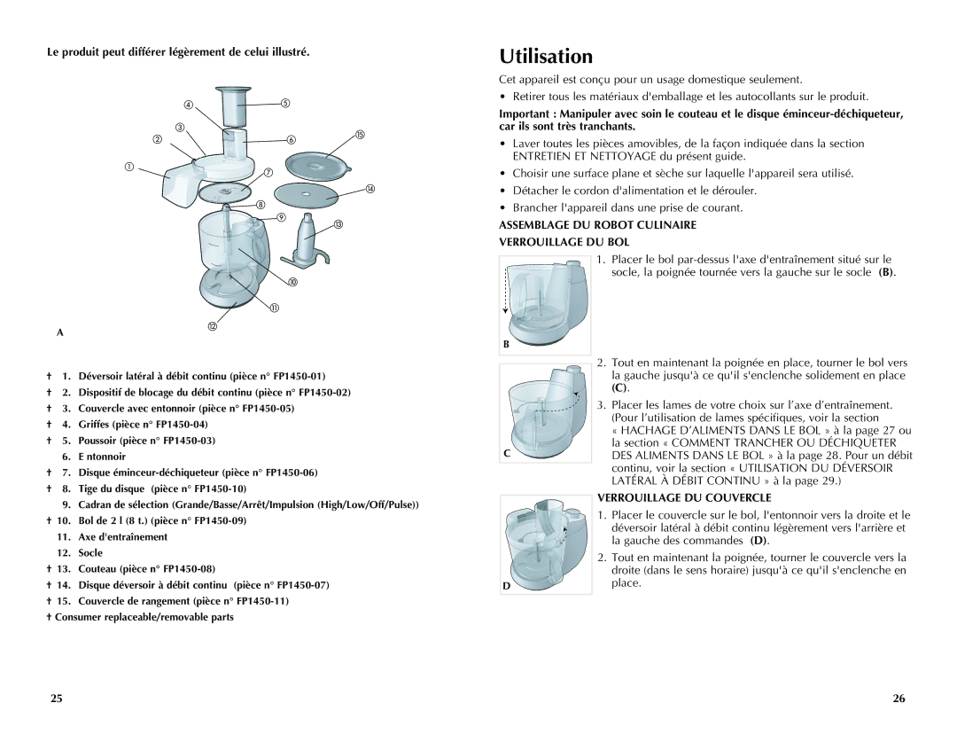 Black & Decker FP1450C manual Utilisation, Le produit peut différer légèrement de celui illustré, Verrouillage DU Couvercle 