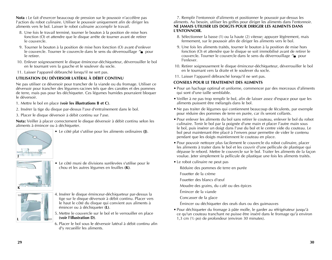 Black & Decker FP1450C manual Utilisation DU Déversoir Latéral À Débit Continu, Conseils Pour LE Traitement DES Aliments 