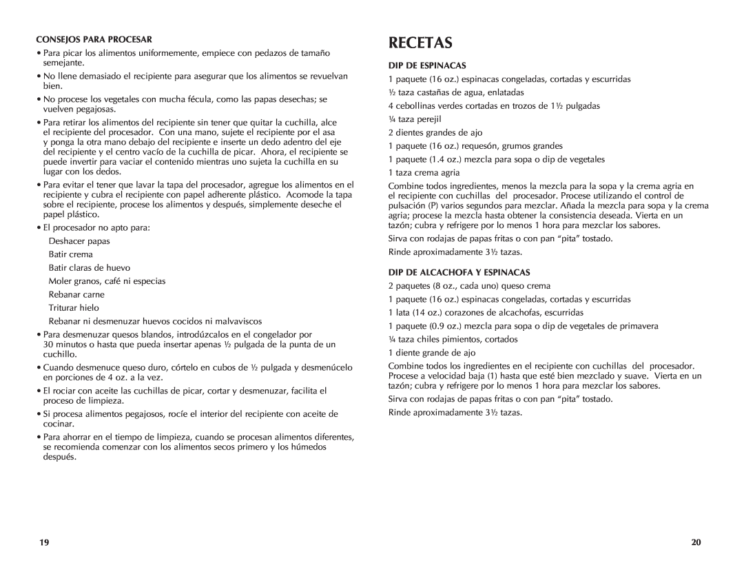 Black & Decker FP1450C manual Recetas, Consejos Para Procesar, Dip de espinacas, Dip de alcachofa y espinacas 