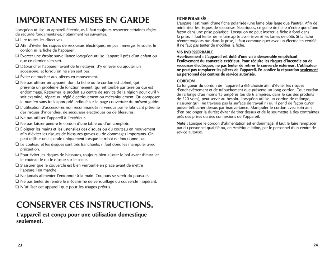 Black & Decker FP1450C Importantes Mises En Garde, Conserver Ces Instructions, Fiche polarisée, Vis Indesserrable, Cordon 