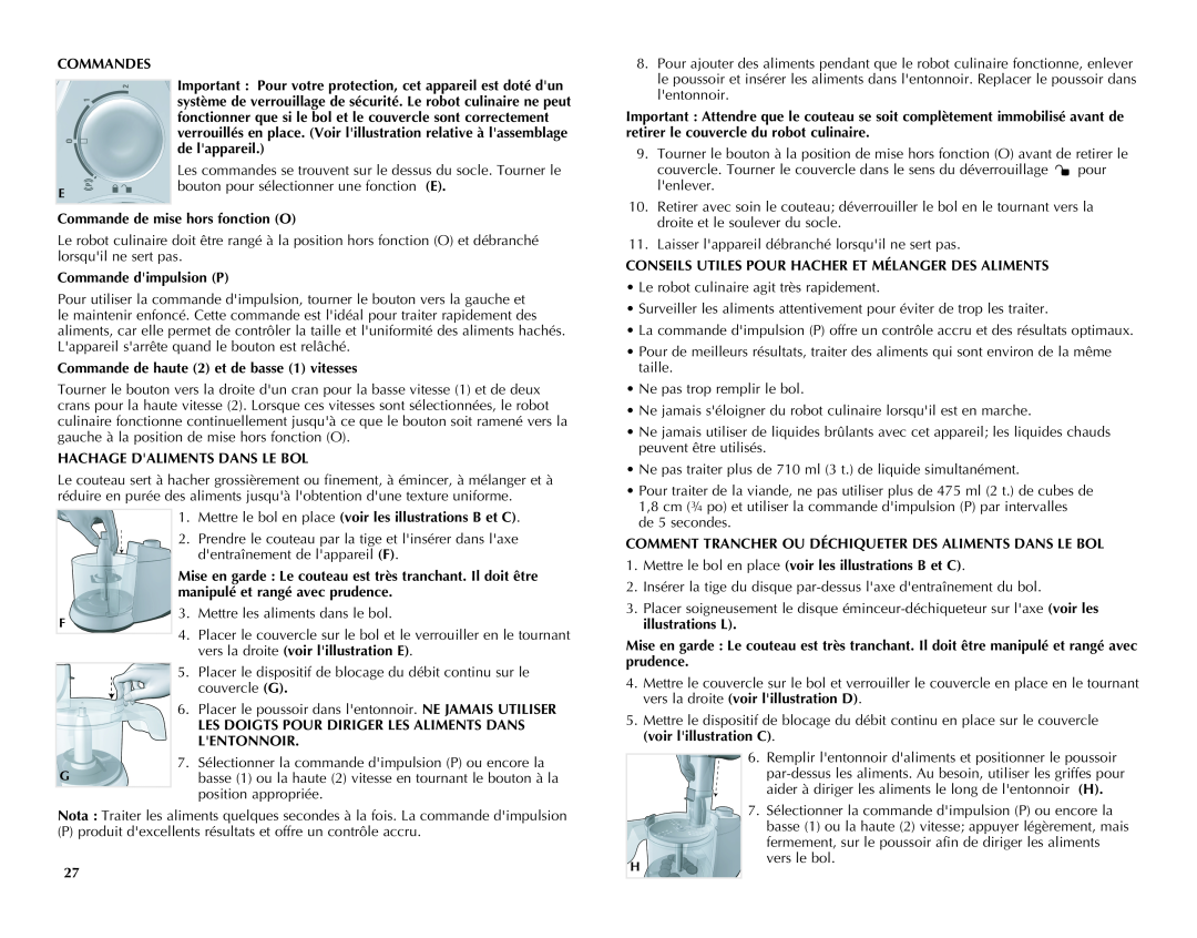 Black & Decker FP1450C manual Commandes 