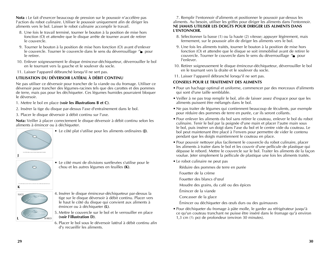 Black & Decker FP1450C manual Utilisation Du Déversoir Latéral À Débit Continu, Conseils Pour Le Traitement Des Aliments 