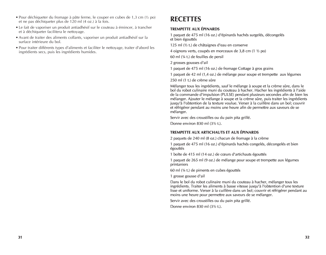 Black & Decker FP1450C manual Recettes, Trempette Aux Épinards, Trempette Aux Artichauts Et Aux Épinards 