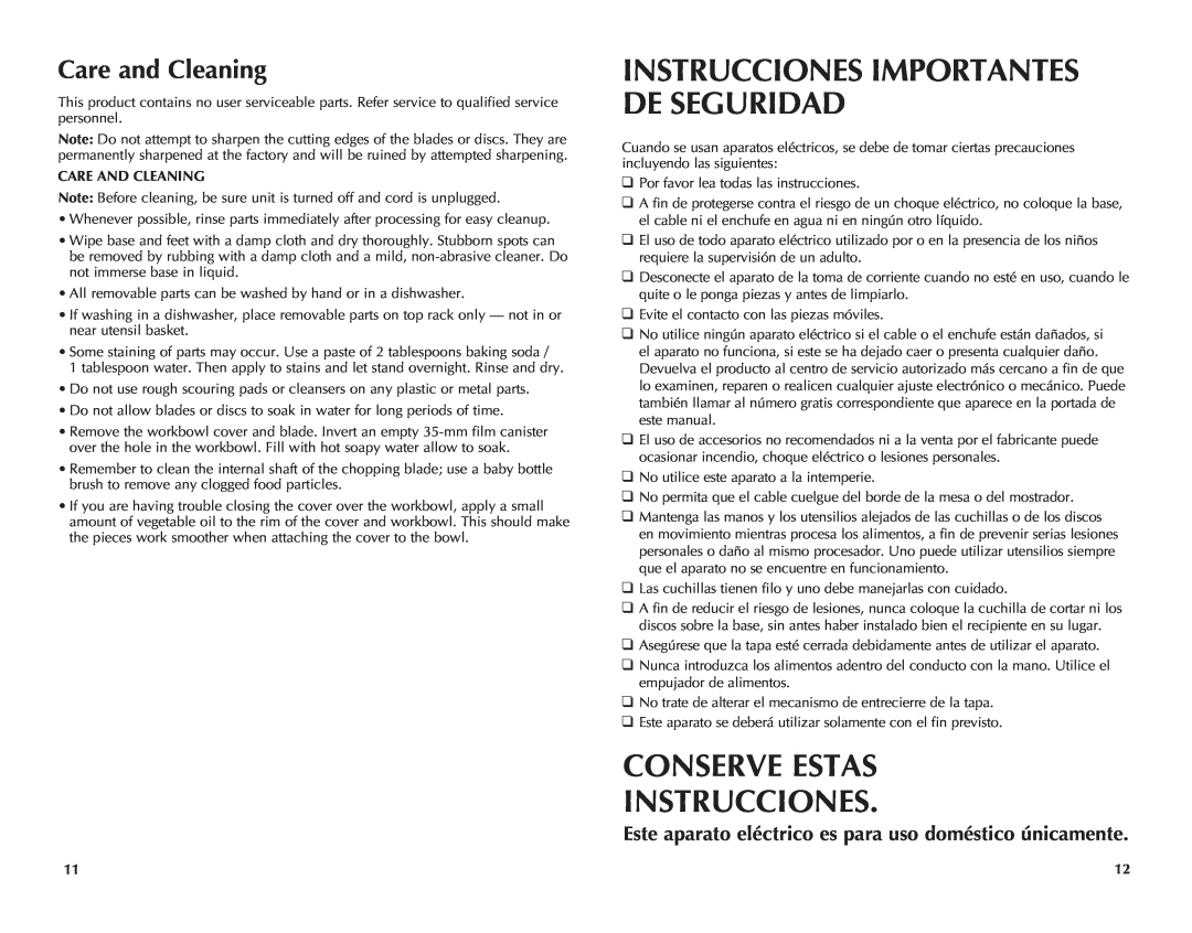 Black & Decker FP1450C manual Conserve Estas Instrucciones, Care and Cleaning, Instrucciones Importantes De Seguridad 