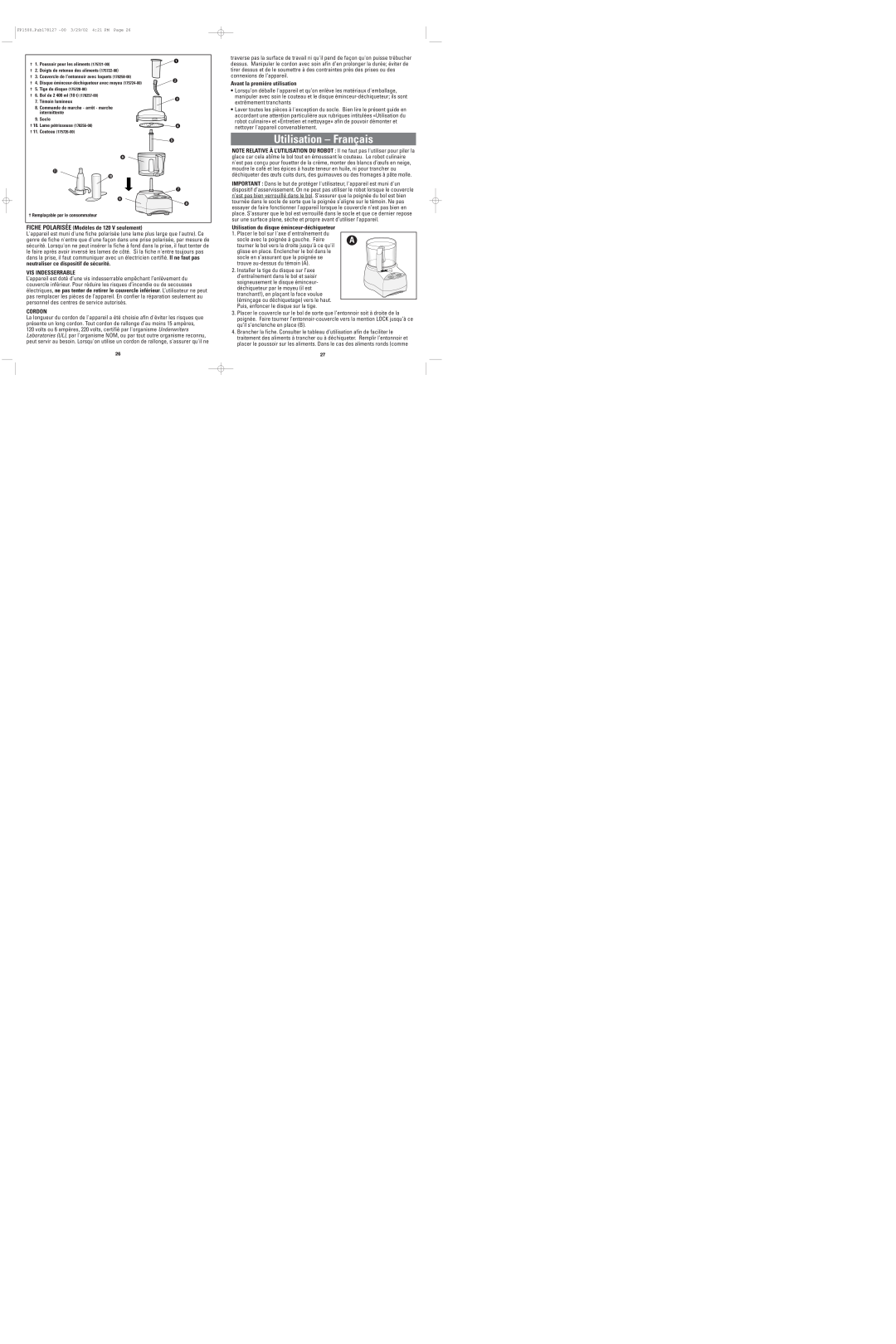 Black & Decker FP1500 manual Utilisation - Français, FICHE POLARISÉE Modèles de 120 V seulement, Vis Indesserrable, Cordon 
