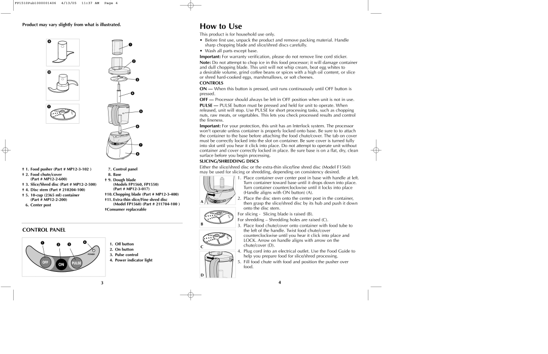 Black & Decker FP1550S How to Use, Product may vary slightly from what is illustrated, Controls, SLICING/SHREDDING Discs 