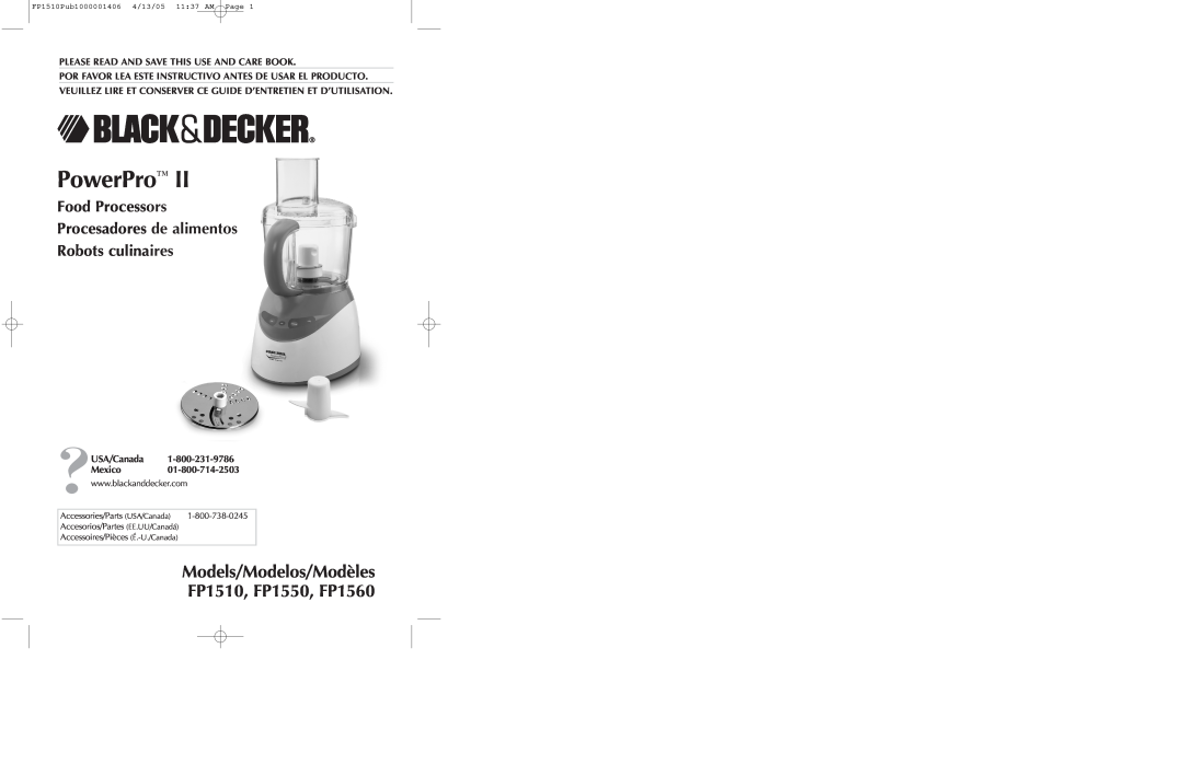 Black & Decker FP1550S manual PowerPro, Models/Modelos/Modèles FP1510, FP1550, FP1560, USA/Canada Mexico 