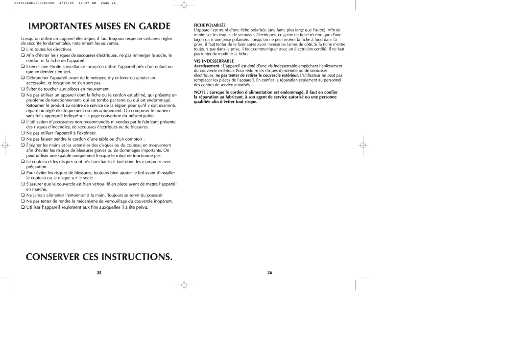 Black & Decker FP1510, FP1550S manual Importantes Mises En Garde, Conserver Ces Instructions, Vis Indesserrable 
