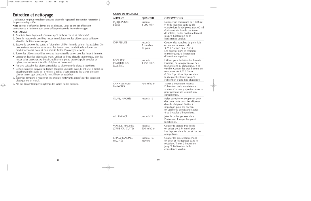 Black & Decker FP1550S, FP1510 manual Entretien et nettoyage, Nettoyage, Guide De Hachage, Aliment, Quantité, Observations 