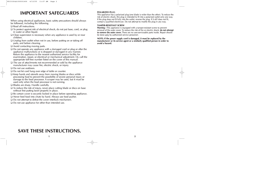 Black & Decker FP1510, FP1550S manual Important Safeguards, Save These Instructions 