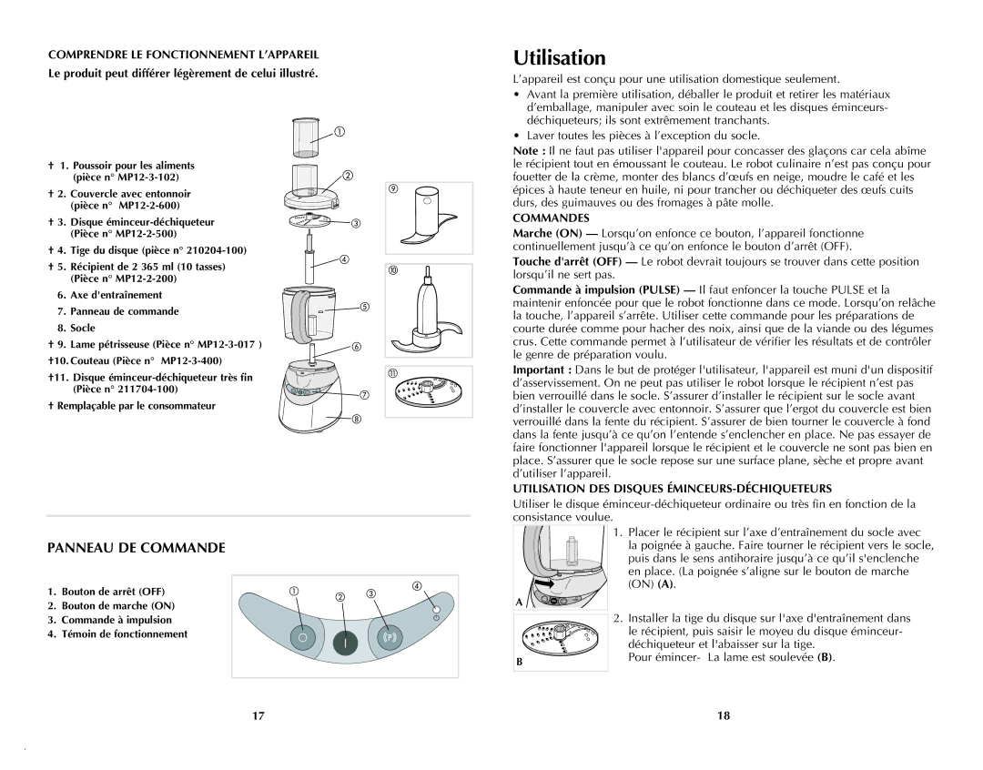 Black & Decker FP1550SDC manual Commandes, Utilisation DES Disques ÉMINCEURS-DÉCHIQUETEURS 